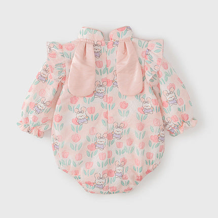 Autumn Arrival Baby Girls Flowers and Rabbits Pattern Long Sleeves Onesies with Stand Collar-1