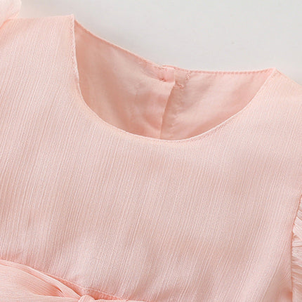Summer Arrival Girls’ Simple Plain Pink Short Sleeves Bow Tied Dress-1