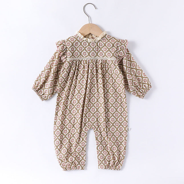 Spring Arrival Baby Girls Long Sleeves Vintage Floral Pattern Rompers and Onesies-1