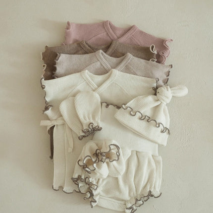 Summer Baby Kids Unisex Waffle Grid Short Sleeves Casual Monk Style Top T-Shirt And Bloomers And Hat Clothing Set-0