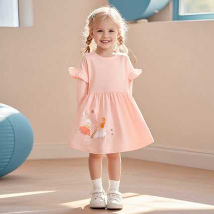 Autumn Arrival Cartoon Animals Pattern Long Sleeves Crew Neck Dress for Stylish Girls-0