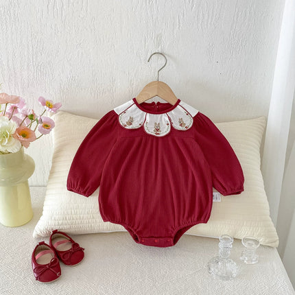 Autumn Hot Selling Baby Girls Red Long Sleeves Onesies Bodysuits with Rabbit and Flowers Embroidered Collar-2