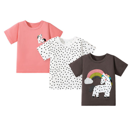 Girls’ Dots Cartoon Pattern Short Sleeves T-shirt in European and American Style for Summer-0