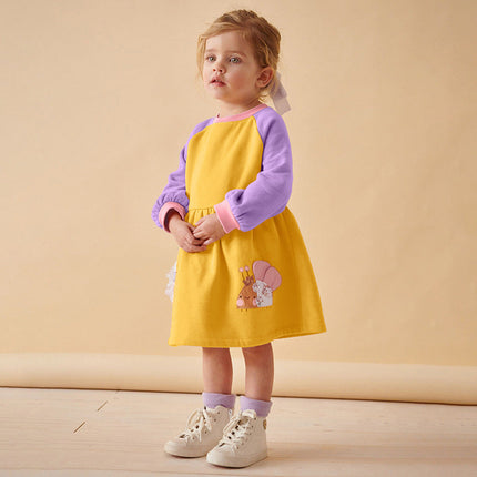 Autumn and Winter Arrival Cartoon Pattern Color Patchwork Long Sleeves Crew Neck Dress for Stylish Girls-0