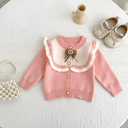 Autumn Arrival Baby Girls Comfortable Dots Pattern Color Patchwork Knitted Long Sleeves Cardigan-3
