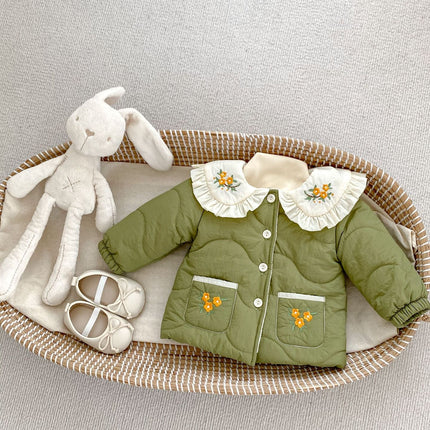 Winter Arrival Baby Kids Girls Flowers Embroidery Single Breasted Thick Coat-1
