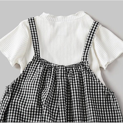 Baby Girl Solid Color Tops Combo Plaid Pattern Overalls Sets-1