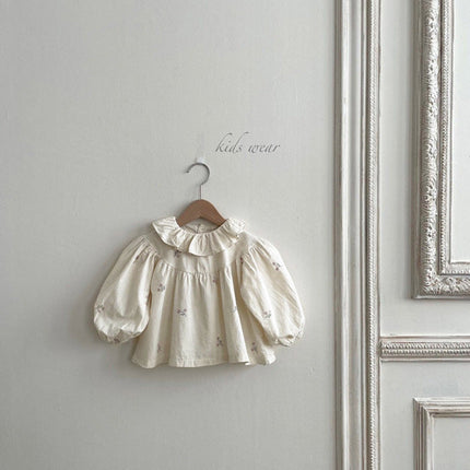 Baby Flower Embroidered Pattern Ruffle Lapel Design Quality Onesies & Shirt-1