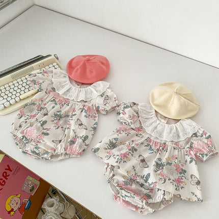 Summer Baby Girls Flowers And Butterfly Pattern Short Sleeves Onesies/Dress-0