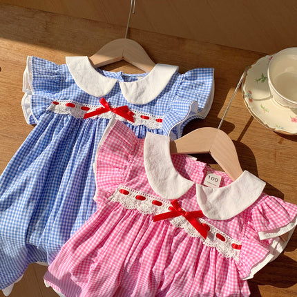 Summer Baby Kids Girls French Fly Sleeves Floral Pattern Embroidered Pattern Plaid Dress-3