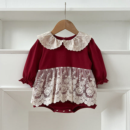 Autumn Arrival Baby Girls Long Sleeves Hollow-out Collar Tulle Patchwork Onesies-0