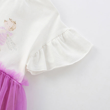 Summer Arrival Cartoon Pattern Fly Sleeves Tulle Patchwork Dress for Stylish Girls-2