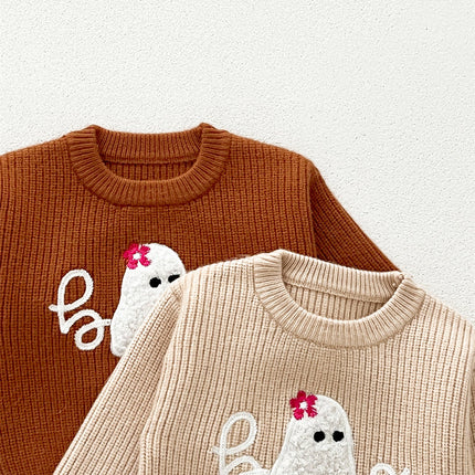 Autumn Arrival Baby Kids Unisex Comfortable Halloween Ghost Pattern Knitted Long Sleeves Pullover-4