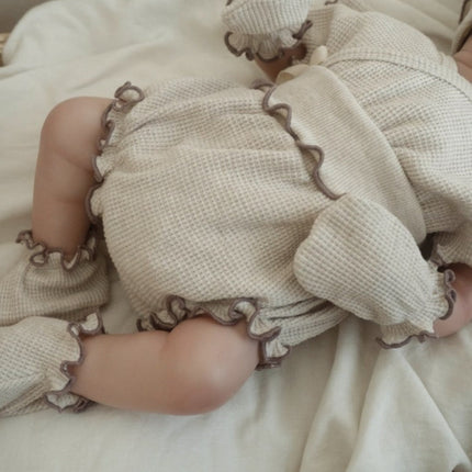 Summer Baby Kids Unisex Waffle Grid Short Sleeves Casual Monk Style Top T-Shirt And Bloomers And Hat Clothing Set-4