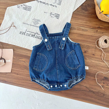 Summer Hot Selling Baby Kids Unisex Sleeveless Denim Blue Strap Onesies Overalls and White T-Shirt Clothing Set-4