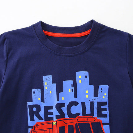 Summer Boys’ Fire Truck Cartoon Pattern T-shirt in European and American Style-3