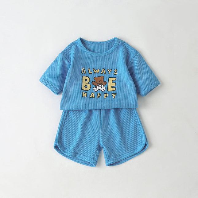 Baby Cartoon Bear & Slogan Pattern Waffle Fabric Tops Combo Solid Shorts 1-Piece Sets-2