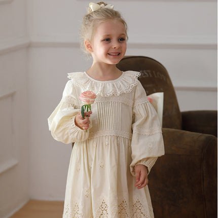 Spring and Autumn Solid Color Long-sleeved Dress with Lace Collar for Stylish Girls-1