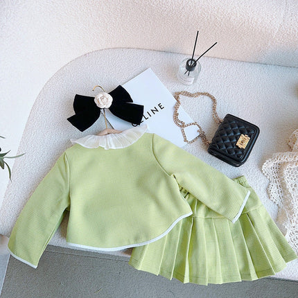 Girls Solid Green Ruffle Lace Neck Pockets Cardigan&Skirt Casual Sets-2