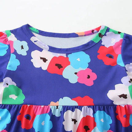 Summer Arrival Colorful Flowers Pattern Short Sleeves Crew Neck Dress for Stylish Girls-1