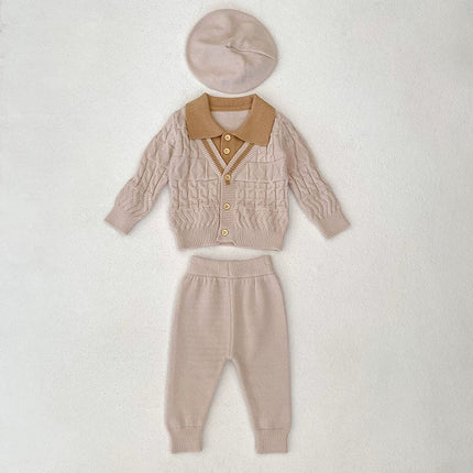 Arrival Autumn Baby Unisex Long Sleeves Geometric Pattern Knitted Top Cardigan and Long Trousers Clothing Set-1