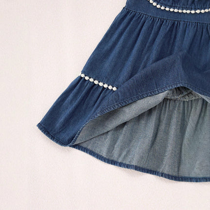 Summer Baby Kids Girls Denim Sleeveless Flowers Pattern Embroidered Dress-2