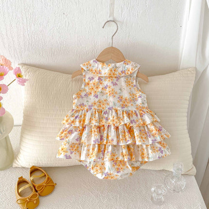 Summer  Arrival Baby Girls Cute Sleeveless Flowers Pattern Ruffle Onesies-1