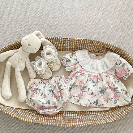 Summer Baby Girls Flowers And Butterfly Pattern Short Sleeves Onesies/Dress-1