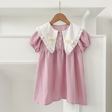 Arrival Summer Girls Vintage Countryside Double-Bow Collar Short Sleeves Dress-1