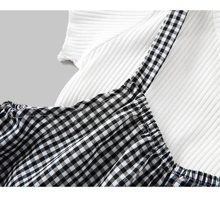 Baby Girl Solid Color Tops Combo Plaid Pattern Overalls Sets-2