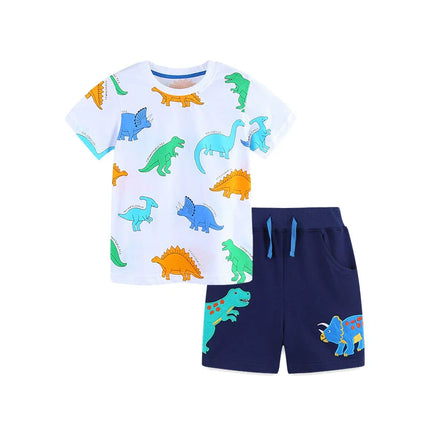 Summer Baby Kids Cartoon Animals Pattern T-shirt and Shorts Color Patchwork Clothing Set for Boys-1