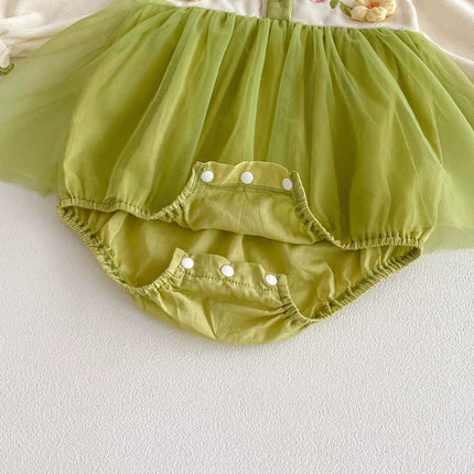 Autumn Arrival Baby Girls Long Sleeves Flowers Pattern Tulle Patchwork Onesies-3