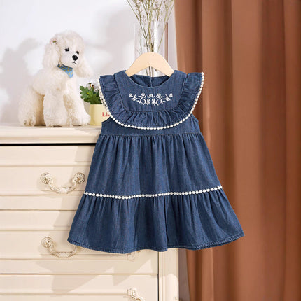 Summer Baby Kids Girls Denim Sleeveless Flowers Pattern Embroidered Dress-0