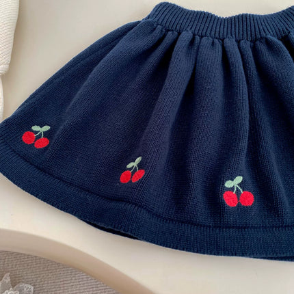 Spring and Autumn Kids Girls Cherry Embroidered Pattern Long Sleeves Knitted Cardigan and Skirt Clothing Set-2