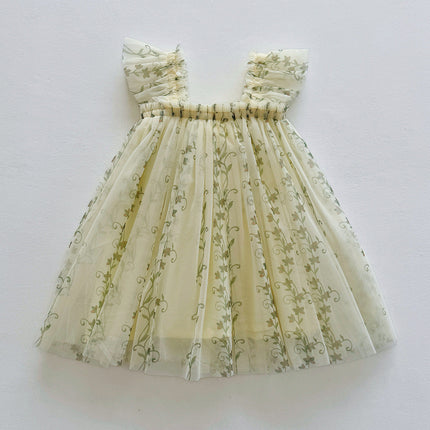 Summer Arrival Floral Pattern Fly Sleeves Tulle Dress for Stylish Girls-2