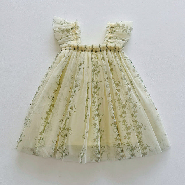 Summer Arrival Floral Pattern Fly Sleeves Tulle Dress for Stylish Girls-2