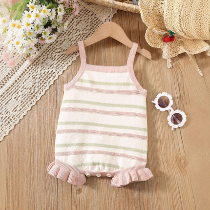 Summer Arrival Baby Girls Cute Thin Striped Pattern Sleeveless Strap Onesies-3