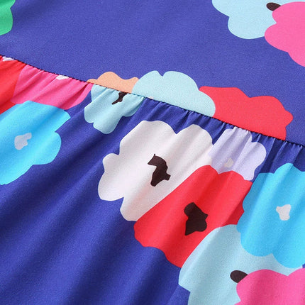 Summer Arrival Colorful Flowers Pattern Short Sleeves Crew Neck Dress for Stylish Girls-2