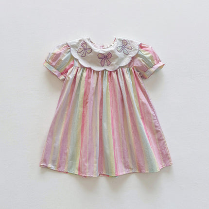 Summer Arrival Baby Kids Girls Short Sleeves Geometric Pattern Embroidered Striped Dress-2