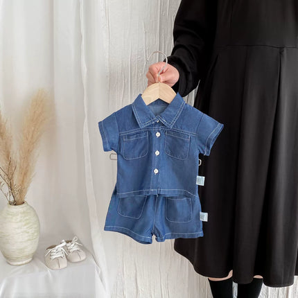 Summer Hot Selling Baby Kids Boys Short Sleeves Denim Single Breasted Top and Shorts Clothing Set-3