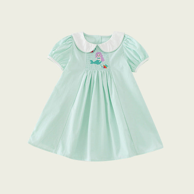 Arrival Summer Baby Kids Girls Short Sleeves Mermaid Embroidery Dress-2