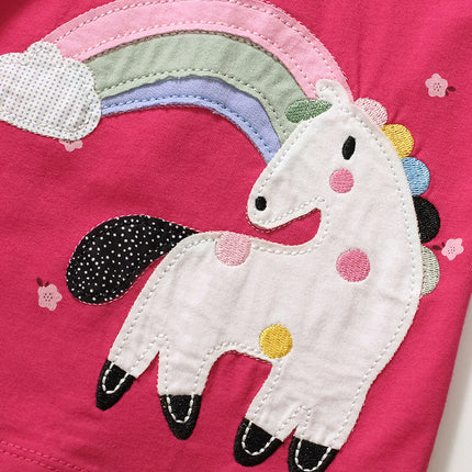 Spring And Summer Baby Girls Short Sleeves Rainbow Horse Floral Cartoon Dress-2