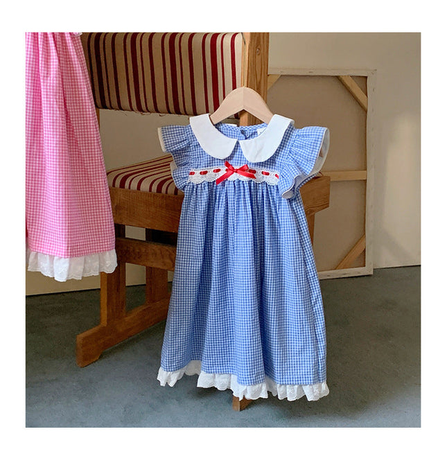 Summer Baby Kids Girls French Fly Sleeves Floral Pattern Embroidered Pattern Plaid Dress-1