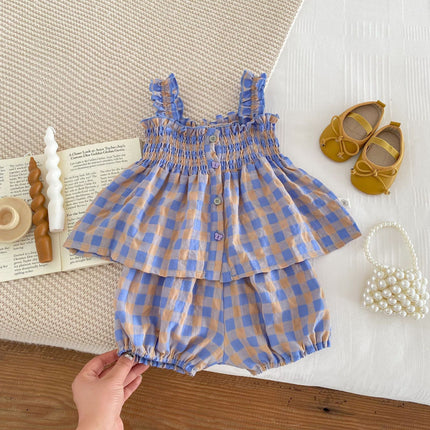 Summer Baby Kids Girls Plaid Strap Dress And Shorts Clothing Set-4