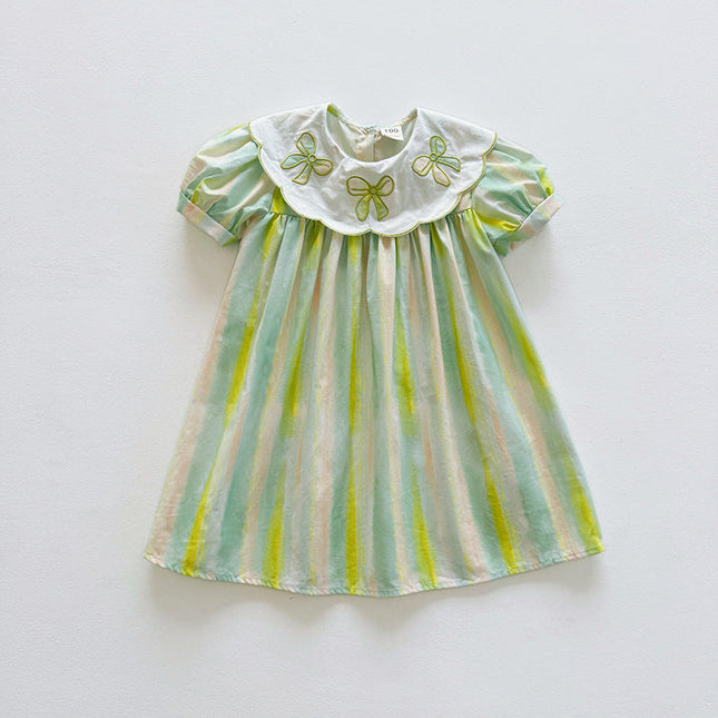 Summer Arrival Baby Kids Girls Short Sleeves Geometric Pattern Embroidered Striped Dress-3