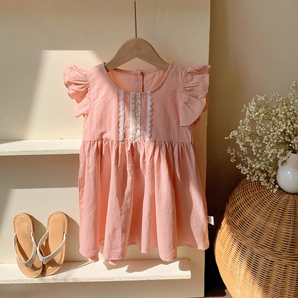 Summer Arrival Kids Girls Fly Sleeves Lace Pattern Dress-1