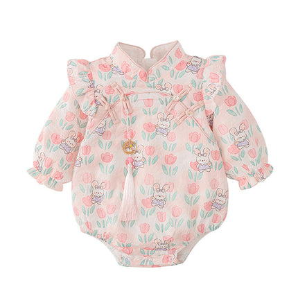 Autumn Arrival Baby Girls Flowers and Rabbits Pattern Long Sleeves Onesies with Stand Collar-4
