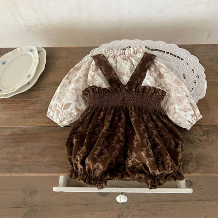 Arrival Autumn Baby Girls Vine Print Bow-Tied Long Sleeves Top And Vintage Strap Overalls Clothing Set-4