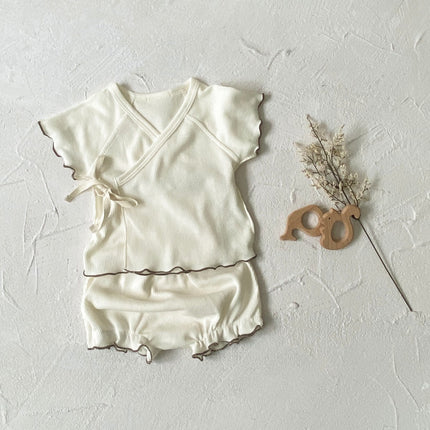 Summer Baby Kids Unisex Waffle Grid Short Sleeves Casual Monk Style Top T-Shirt And Bloomers And Hat Clothing Set-1