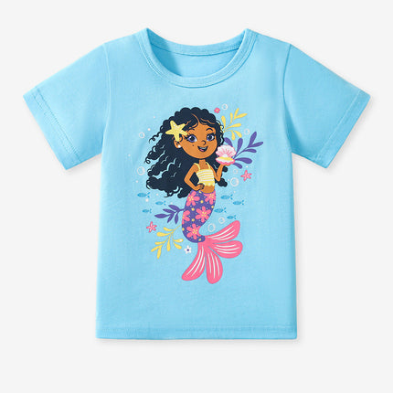 Kids’ Mermaid Cartoon Pattern Short Sleeves T-shirt in European and American Style for Summer-2